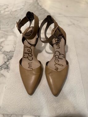 Sam Edelman Tan Pointed-Toe Ankle-Strap Heels